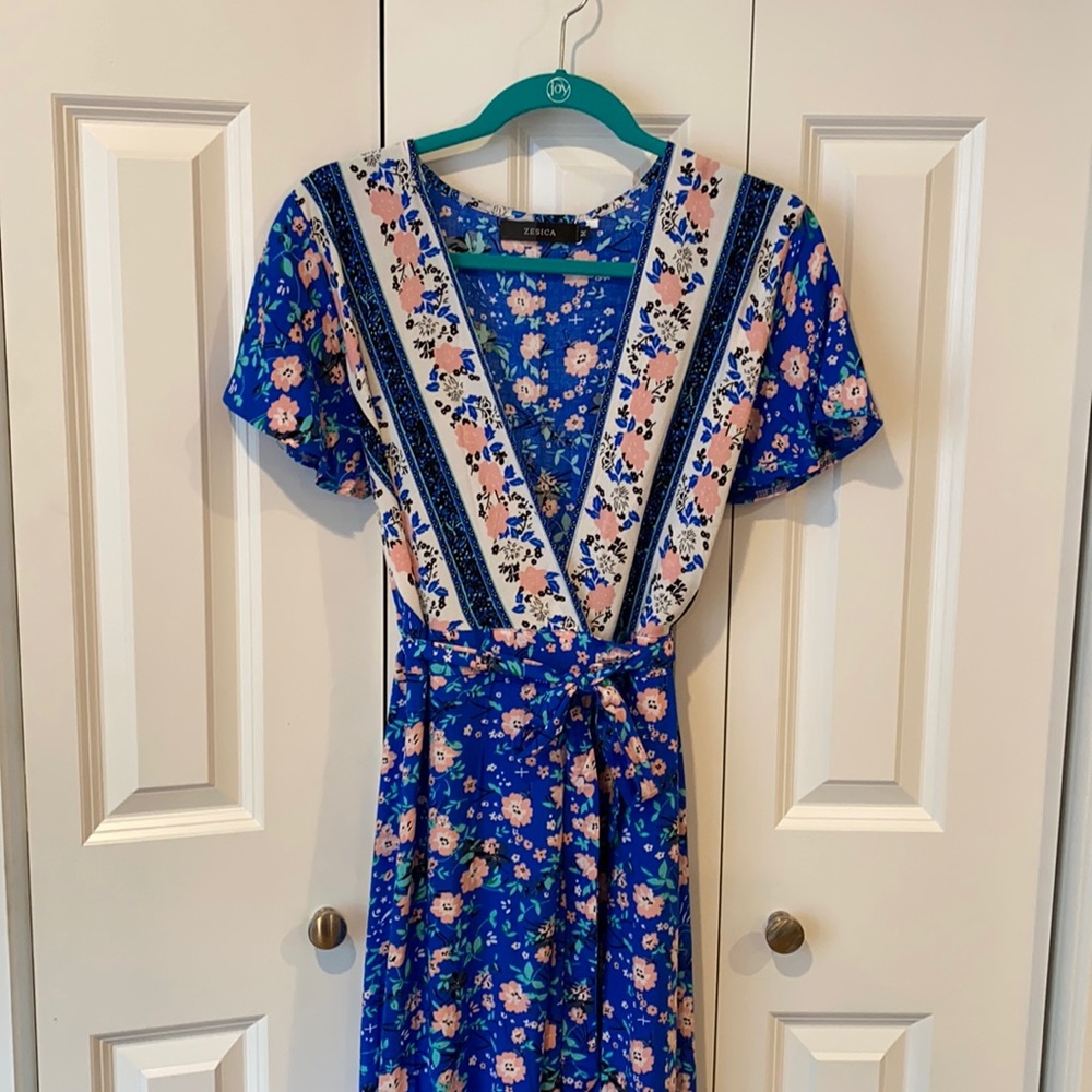 Blue and pink floral maxi wrap dress